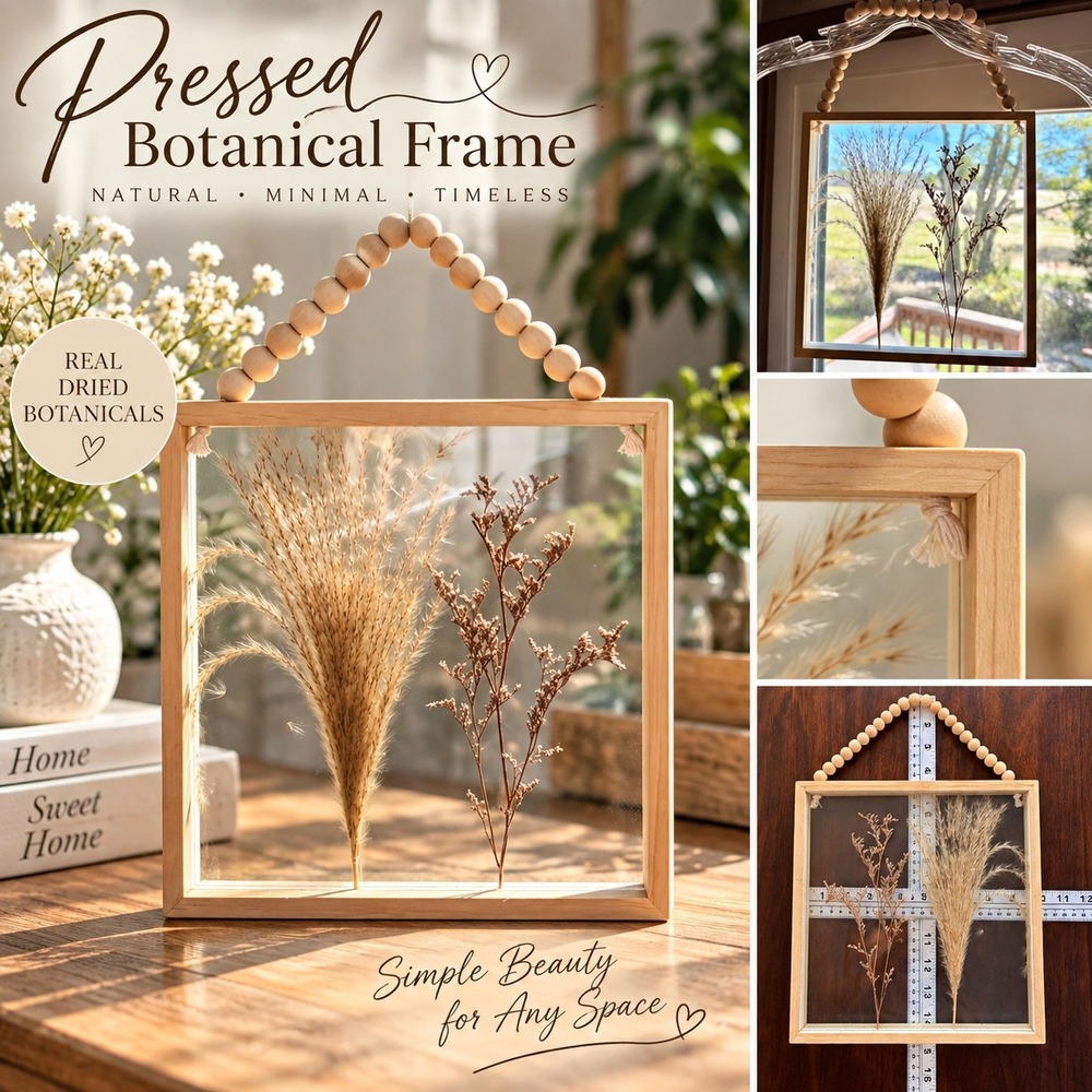 Pressed Botanical Wood Frame Real Dried Flowers Boho Wall Hanging Decor 8x8